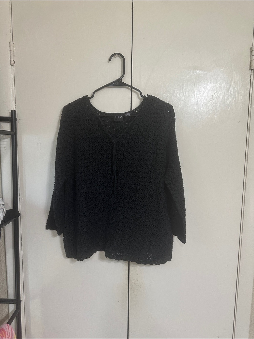 Erika Black Crochet Knit V-Neck Pullover